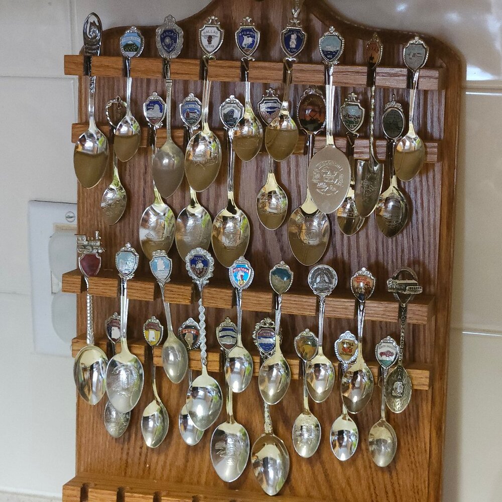 Antique Vintage Souvenir State Spoons Display Rack and 34 Spoons
